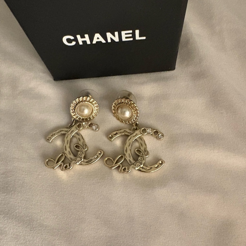 CHANEL Gold and Silver Logo Earrings with Pearl
